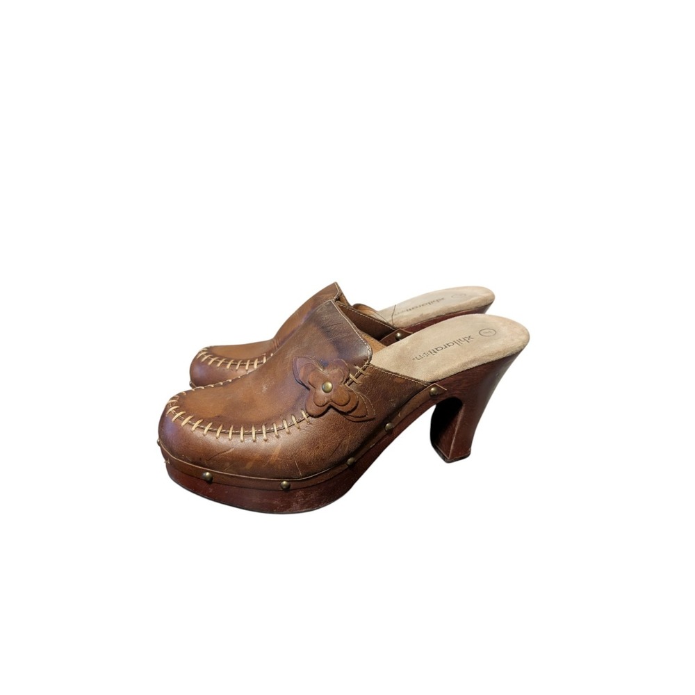 Vintage Y2K 90s Chunky Xhilaration Platform Brown leather mule clogs heel 7